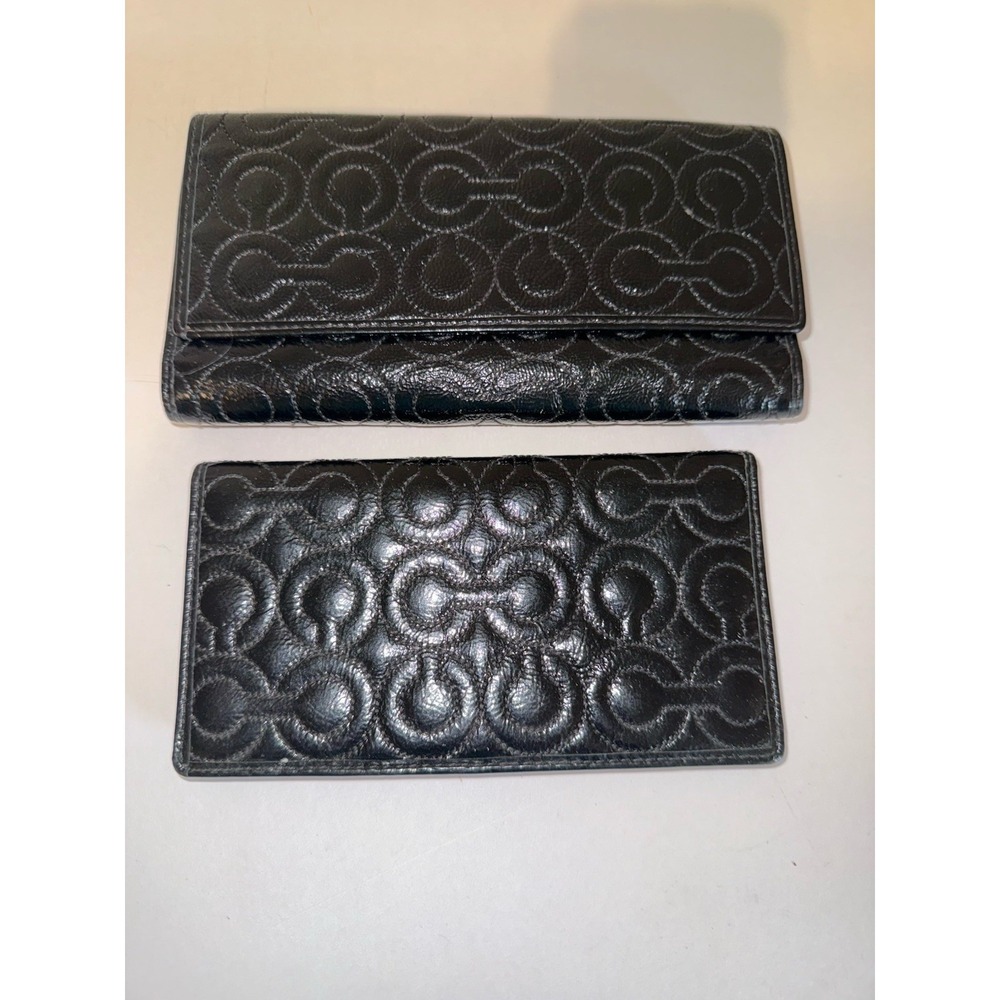 Coach Black Patent Leather Tri-Fold Wallet And Check Book C Embossed